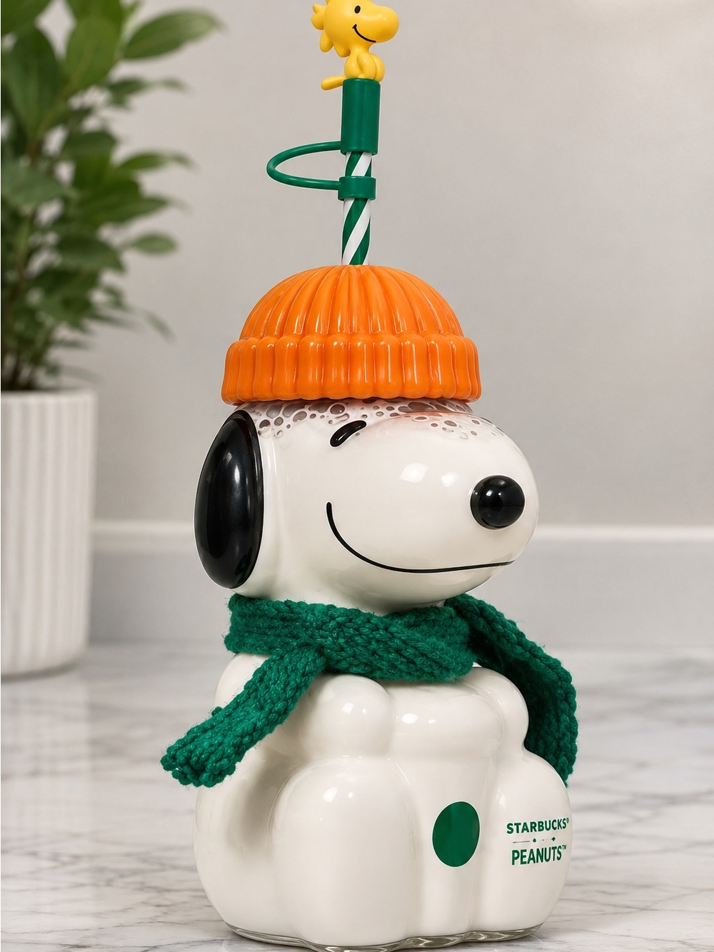 Starbucks Peanuts Snoopy Ceramic Tumbler with Orange Hat & Green Scarf